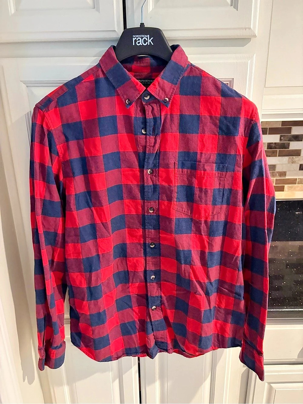 Banana Republic Grant Fit Men's Plaid Button Down Red & Blue Large Like New